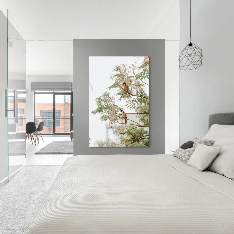 Tablou Canvas, "Doi păsări odihnindu-se în copac", Păsări, Ramuri, Frunze, Fructe, Ceață, Natură, Echilibru, Delicatețe, Serenitate, Arbori, 100 x 150 cm – poza 5