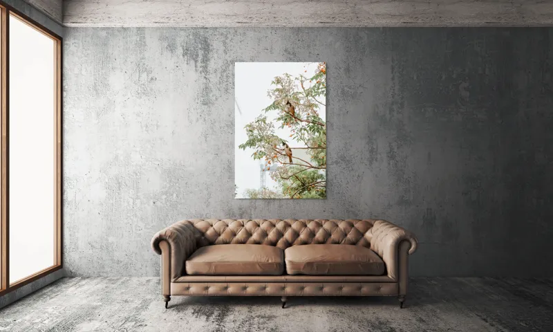 Tablou Canvas, "Doi păsări odihnindu-se în copac", Păsări, Ramuri, Frunze, Fructe, Ceață, Natură, Echilibru, Delicatețe, Serenitate, Arbori, 100 x 150 cm – poza 6