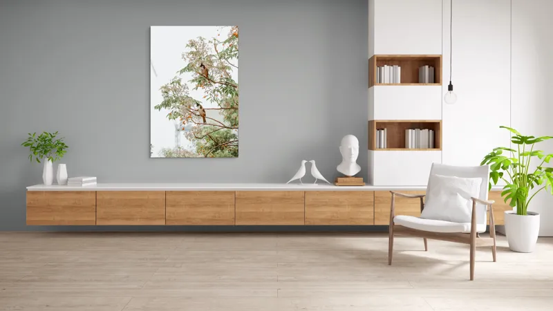 Tablou Canvas, "Doi păsări odihnindu-se în copac", Păsări, Ramuri, Frunze, Fructe, Ceață, Natură, Echilibru, Delicatețe, Serenitate, Arbori, 100 x 150 cm – poza 8