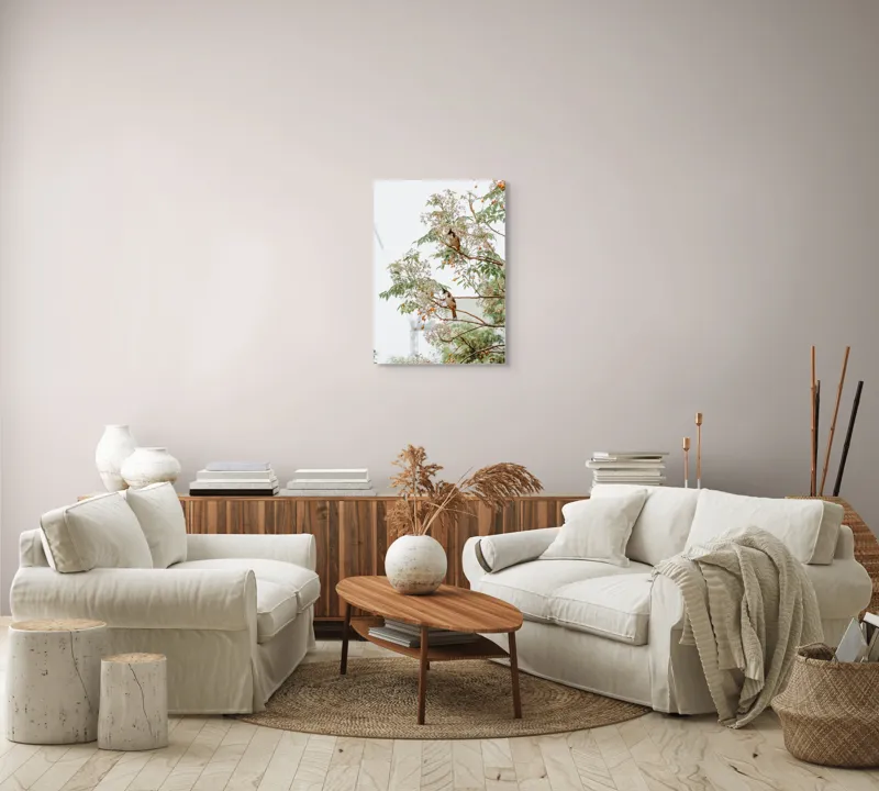Tablou Canvas, "Doi păsări odihnindu-se în copac", Păsări, Ramuri, Frunze, Fructe, Ceață, Natură, Echilibru, Delicatețe, Serenitate, Arbori, 50 x 70 cm – poza 4