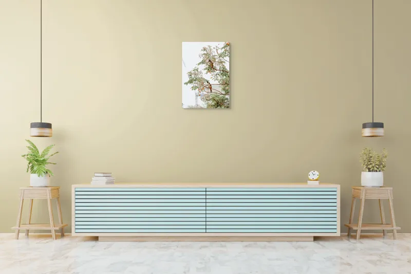 Tablou Canvas, "Doi păsări odihnindu-se în copac", Păsări, Ramuri, Frunze, Fructe, Ceață, Natură, Echilibru, Delicatețe, Serenitate, Arbori, 50 x 70 cm – poza 6