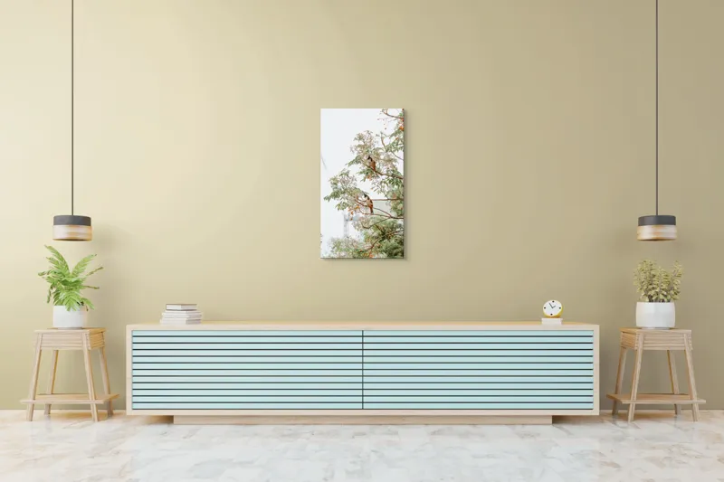 Tablou Canvas, "Doi păsări odihnindu-se în copac", Păsări, Ramuri, Frunze, Fructe, Ceață, Natură, Echilibru, Delicatețe, Serenitate, Arbori, 50 x 90 cm – poza 6