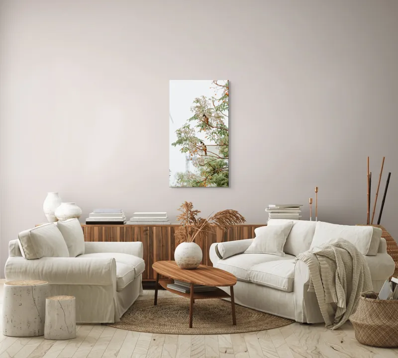 Tablou Canvas, "Doi păsări odihnindu-se în copac", Păsări, Ramuri, Frunze, Fructe, Ceață, Natură, Echilibru, Delicatețe, Serenitate, Arbori, 50 x 90 cm – poza 7
