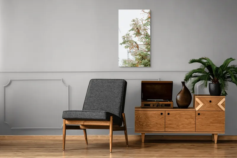 Tablou Canvas, "Doi păsări odihnindu-se în copac", Păsări, Ramuri, Frunze, Fructe, Ceață, Natură, Echilibru, Delicatețe, Serenitate, Arbori, 50 x 90 cm – poza 8