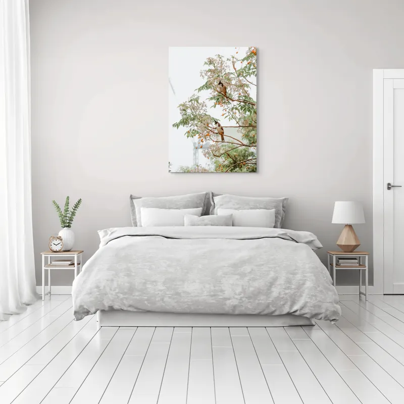Tablou Canvas, "Doi păsări odihnindu-se în copac", Păsări, Ramuri, Frunze, Fructe, Ceață, Natură, Echilibru, Delicatețe, Serenitate, Arbori, 70 x 100 cm – poza 3