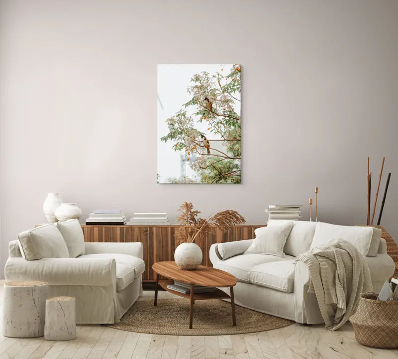Tablou Canvas, "Doi păsări odihnindu-se în copac", Păsări, Ramuri, Frunze, Fructe, Ceață, Natură, Echilibru, Delicatețe, Serenitate, Arbori, 70 x 100 cm – poza 4