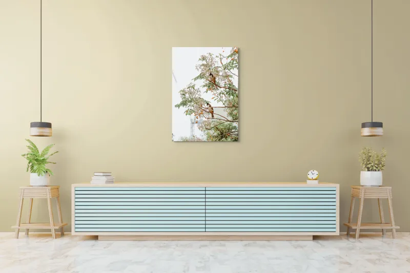 Tablou Canvas, "Doi păsări odihnindu-se în copac", Păsări, Ramuri, Frunze, Fructe, Ceață, Natură, Echilibru, Delicatețe, Serenitate, Arbori, 70 x 100 cm – poza 5