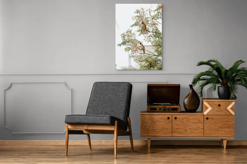 Tablou Canvas, "Doi păsări odihnindu-se în copac", Păsări, Ramuri, Frunze, Fructe, Ceață, Natură, Echilibru, Delicatețe, Serenitate, Arbori, 70 x 100 cm – poza 6