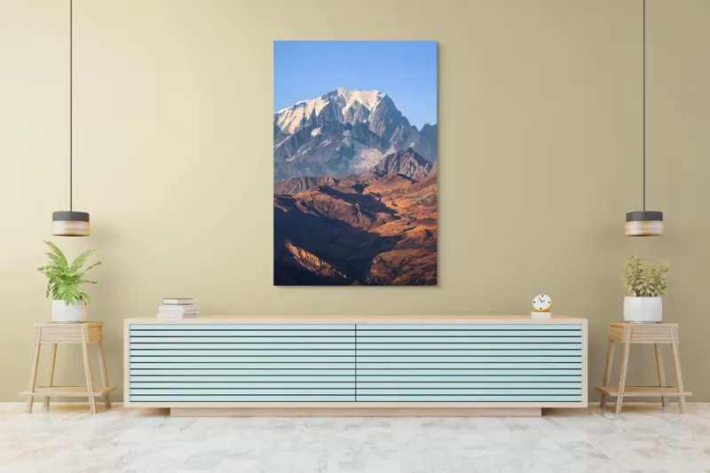 Tablou Canvas, "Inegalabila splendoare a munților în zori", Măreție, Grandeur, Munți, Albastru, Zăpadă, Contrast, Natură, Întindere, Timp, Peisaj, 100 x 150 cm – poza 4