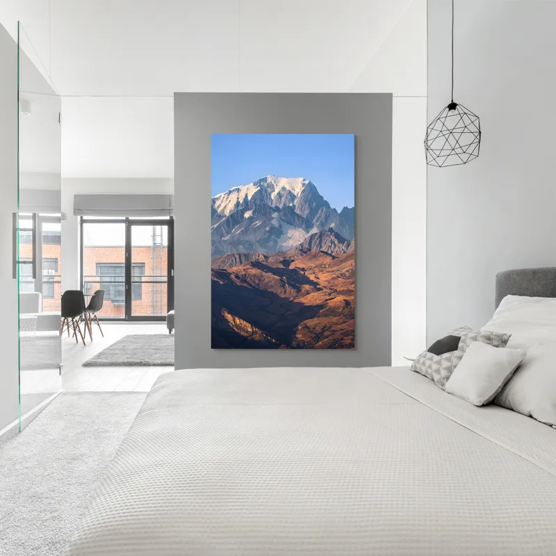Tablou Canvas, "Inegalabila splendoare a munților în zori", Măreție, Grandeur, Munți, Albastru, Zăpadă, Contrast, Natură, Întindere, Timp, Peisaj, 100 x 150 cm – poza 5