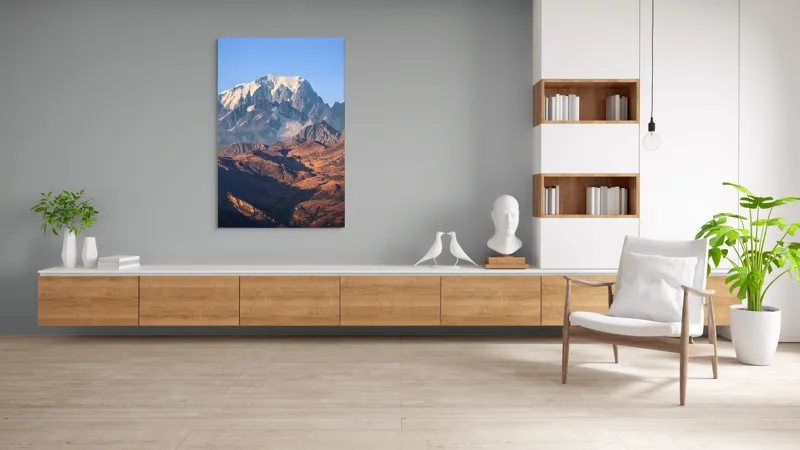 Tablou Canvas, "Inegalabila splendoare a munților în zori", Măreție, Grandeur, Munți, Albastru, Zăpadă, Contrast, Natură, Întindere, Timp, Peisaj, 100 x 150 cm – poza 8