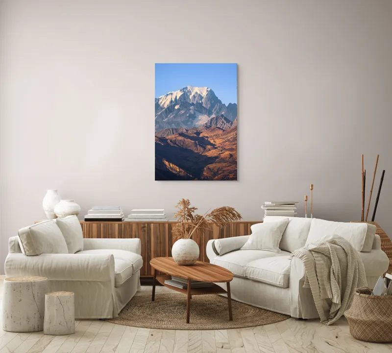 Tablou Canvas, "Inegalabila splendoare a munților în zori", Măreție, Grandeur, Munți, Albastru, Zăpadă, Contrast, Natură, Întindere, Timp, Peisaj, 70 x 100 cm – poza 4