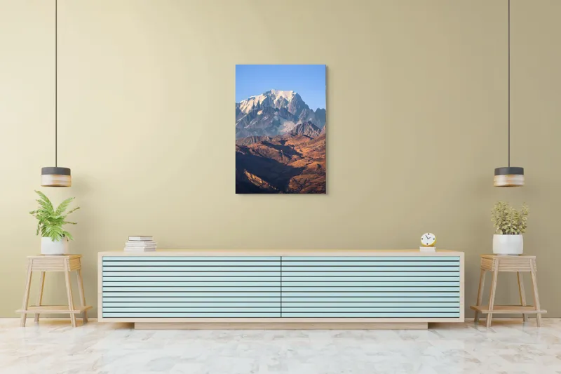 Tablou Canvas, "Inegalabila splendoare a munților în zori", Măreție, Grandeur, Munți, Albastru, Zăpadă, Contrast, Natură, Întindere, Timp, Peisaj, 70 x 100 cm – poza 5