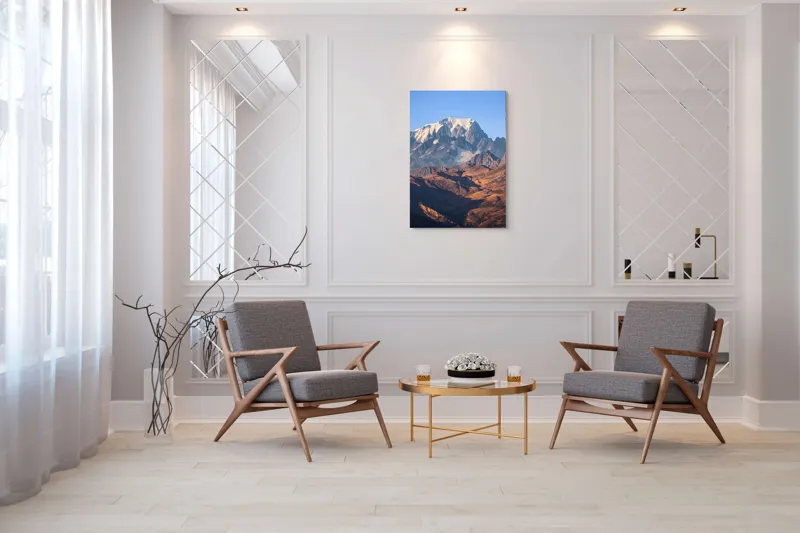 Tablou Canvas, "Inegalabila splendoare a munților în zori", Măreție, Grandeur, Munți, Albastru, Zăpadă, Contrast, Natură, Întindere, Timp, Peisaj, 70 x 100 cm – poza 8