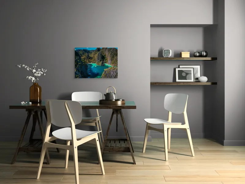 Tablou Canvas, "Lacul albastru printre stânci verzi", Cer, Stânci, Vegetație, Barci, Apă, Laguna, Peisaj, Exotic, Natură, Paradis., 70 x 50 cm – poza 5