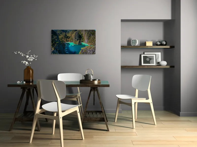 Tablou Canvas, "Lacul albastru printre stânci verzi", Cer, Stânci, Vegetație, Barci, Apă, Laguna, Peisaj, Exotic, Natură, Paradis., 90 x 50 cm – poza 3