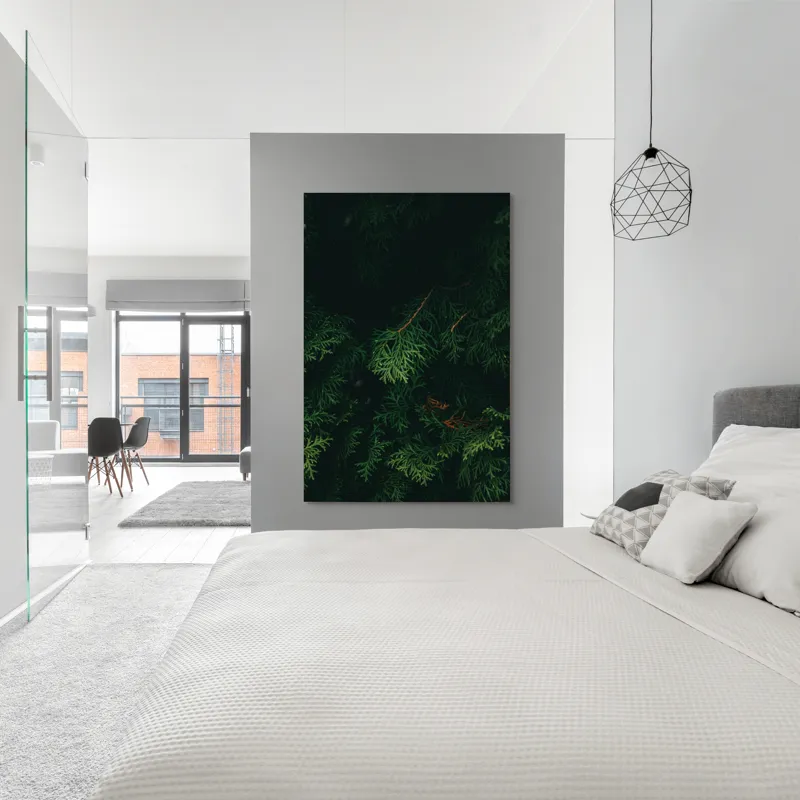 Tablou Canvas, "Verdele ascuns în tăcerea pădurii", Verde, Frunziș, Întuneric, Natura, Mister, Umbre, Textură, Rămuriș, 100 x 150 cm – poza 5