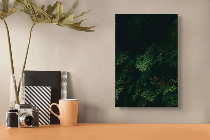 Tablou Canvas, "Verdele ascuns în tăcerea pădurii", Verde, Frunziș, Întuneric, Natura, Mister, Umbre, Textură, Rămuriș, 26 x 39 cm – poza 3