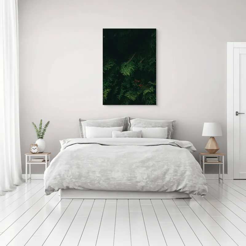 Tablou Canvas, "Verdele ascuns în tăcerea pădurii", Verde, Frunziș, Întuneric, Natura, Mister, Umbre, Textură, Rămuriș, 70 x 100 cm – poza 3