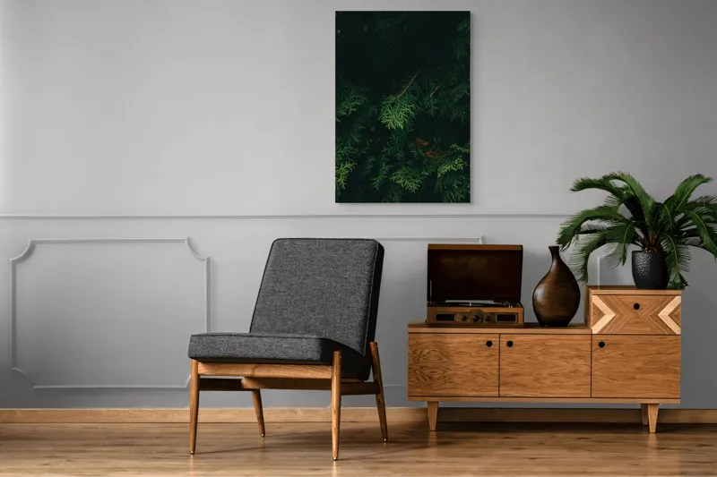 Tablou Canvas, "Verdele ascuns în tăcerea pădurii", Verde, Frunziș, Întuneric, Natura, Mister, Umbre, Textură, Rămuriș, 70 x 100 cm – poza 6