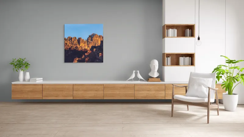 Tablou Canvas, "Crestele stâncoase în lumina apusului", Munți, Roci, Apus, Lumină, Umbre, Culori, Peisaj, Cer, Frumusețe, Natură, 100 x 100 cm – poza 8