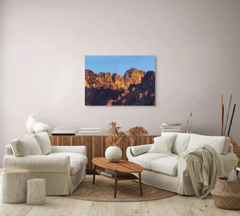 Tablou Canvas, "Crestele stâncoase în lumina apusului", Munți, Roci, Apus, Lumină, Umbre, Culori, Peisaj, Cer, Frumusețe, Natură, 100 x 70 cm – poza 3
