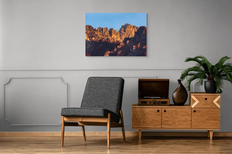 Tablou Canvas, "Crestele stâncoase în lumina apusului", Munți, Roci, Apus, Lumină, Umbre, Culori, Peisaj, Cer, Frumusețe, Natură, 100 x 70 cm – poza 8