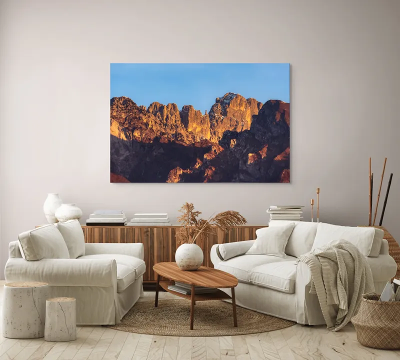 Tablou Canvas, "Crestele stâncoase în lumina apusului", Munți, Roci, Apus, Lumină, Umbre, Culori, Peisaj, Cer, Frumusețe, Natură, 150 x 100 cm – poza 3