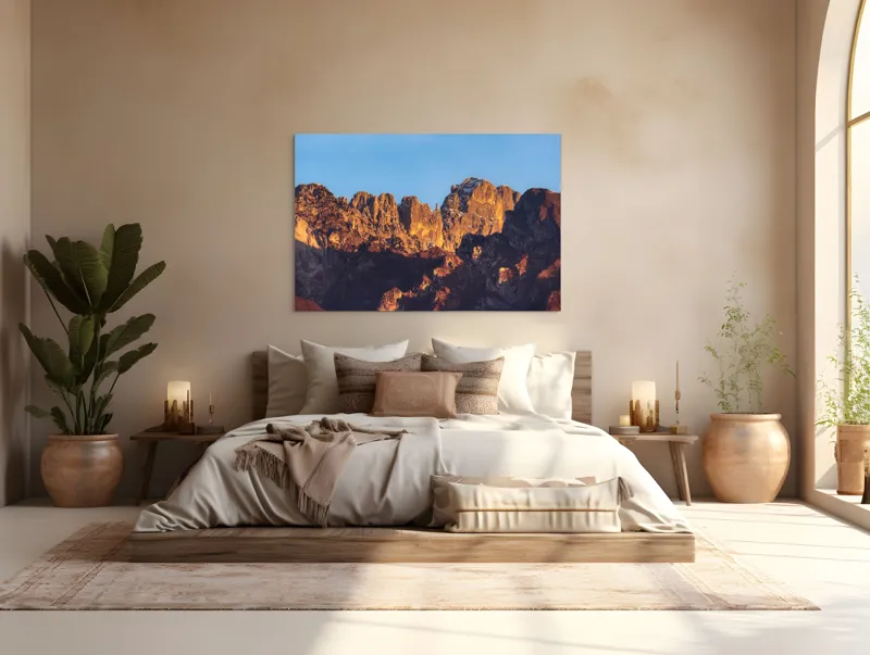 Tablou Canvas, "Crestele stâncoase în lumina apusului", Munți, Roci, Apus, Lumină, Umbre, Culori, Peisaj, Cer, Frumusețe, Natură, 150 x 100 cm – poza 4