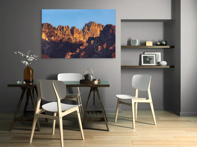 Tablou Canvas, "Crestele stâncoase în lumina apusului", Munți, Roci, Apus, Lumină, Umbre, Culori, Peisaj, Cer, Frumusețe, Natură, 150 x 100 cm – poza 5