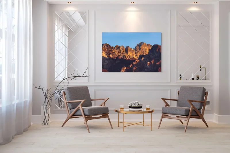 Tablou Canvas, "Crestele stâncoase în lumina apusului", Munți, Roci, Apus, Lumină, Umbre, Culori, Peisaj, Cer, Frumusețe, Natură, 150 x 100 cm – poza 7