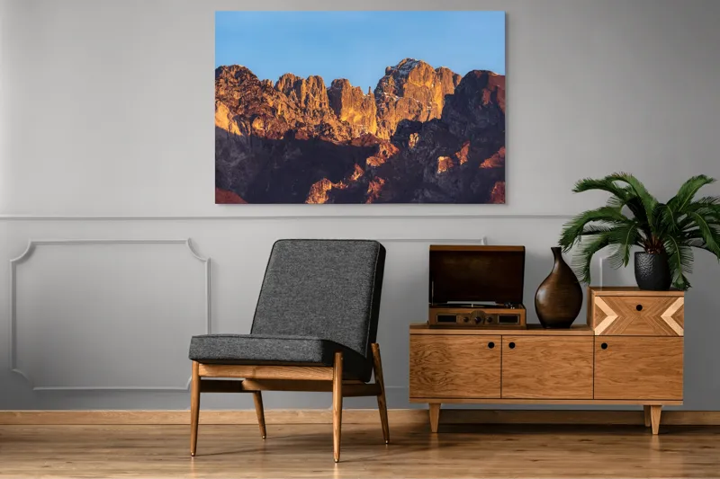 Tablou Canvas, "Crestele stâncoase în lumina apusului", Munți, Roci, Apus, Lumină, Umbre, Culori, Peisaj, Cer, Frumusețe, Natură, 150 x 100 cm – poza 8