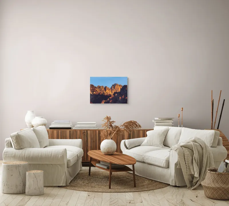 Tablou Canvas, "Crestele stâncoase în lumina apusului", Munți, Roci, Apus, Lumină, Umbre, Culori, Peisaj, Cer, Frumusețe, Natură, 54 x 39 cm – poza 5