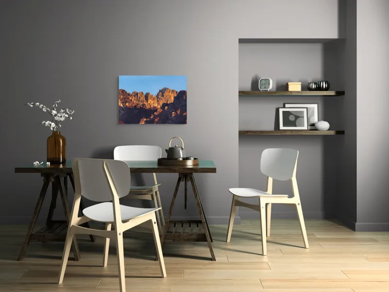 Tablou Canvas, "Crestele stâncoase în lumina apusului", Munți, Roci, Apus, Lumină, Umbre, Culori, Peisaj, Cer, Frumusețe, Natură, 70 x 50 cm – poza 5