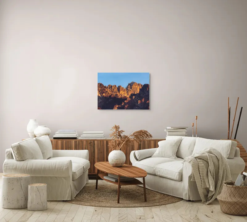 Tablou Canvas, "Crestele stâncoase în lumina apusului", Munți, Roci, Apus, Lumină, Umbre, Culori, Peisaj, Cer, Frumusețe, Natură, 70 x 50 cm – poza 6