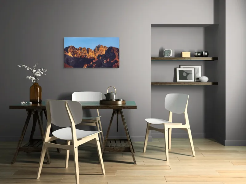 Tablou Canvas, "Crestele stâncoase în lumina apusului", Munți, Roci, Apus, Lumină, Umbre, Culori, Peisaj, Cer, Frumusețe, Natură, 90 x 50 cm – poza 3