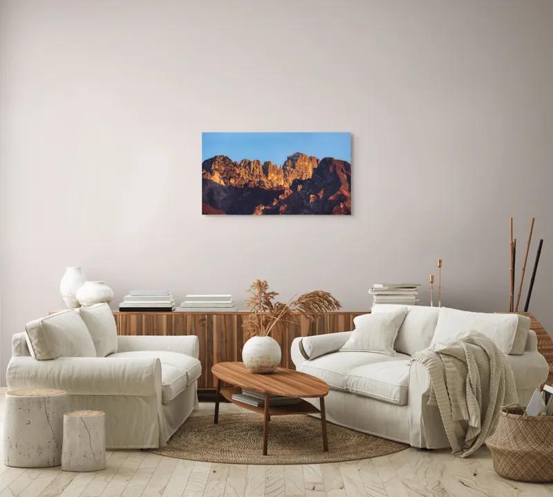Tablou Canvas, "Crestele stâncoase în lumina apusului", Munți, Roci, Apus, Lumină, Umbre, Culori, Peisaj, Cer, Frumusețe, Natură, 90 x 50 cm – poza 4