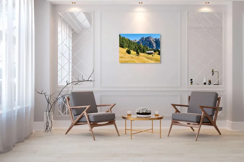 Tablou Canvas, "Cabana liniștită la poalele muntelui", Pădure, Cabana, Munți, Cer, Peisaj, Natură, Dealuri, Verdeață, Liniște, Împăcare, 100 x 70 cm – poza 5