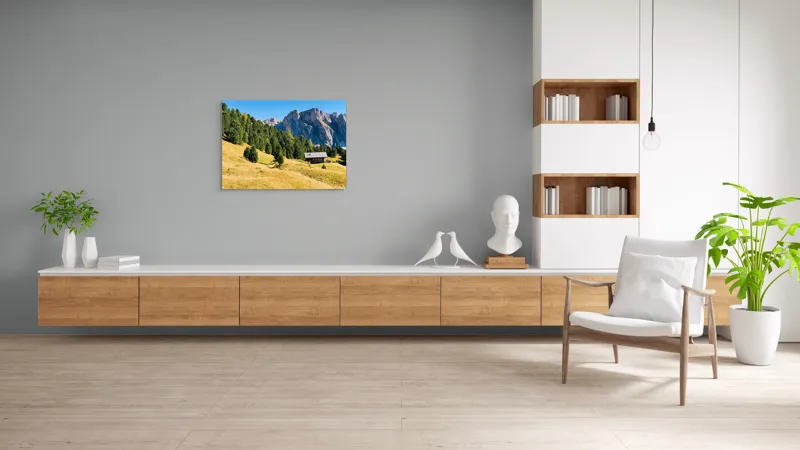 Tablou Canvas, "Cabana liniștită la poalele muntelui", Pădure, Cabana, Munți, Cer, Peisaj, Natură, Dealuri, Verdeață, Liniște, Împăcare, 100 x 70 cm – poza 6