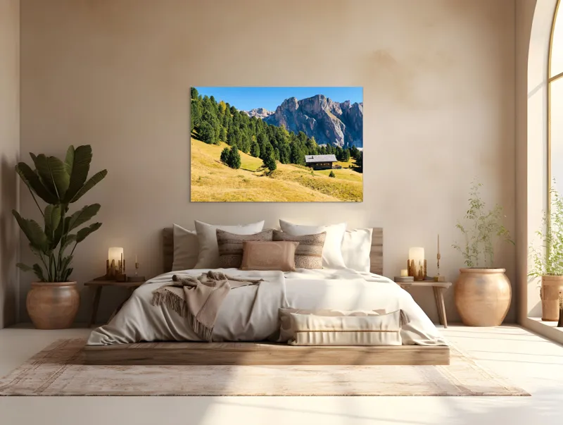 Tablou Canvas, "Cabana liniștită la poalele muntelui", Pădure, Cabana, Munți, Cer, Peisaj, Natură, Dealuri, Verdeață, Liniște, Împăcare, 150 x 100 cm – poza 4