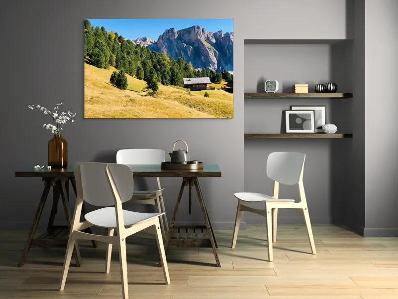 Tablou Canvas, "Cabana liniștită la poalele muntelui", Pădure, Cabana, Munți, Cer, Peisaj, Natură, Dealuri, Verdeață, Liniște, Împăcare, 150 x 100 cm – poza 5