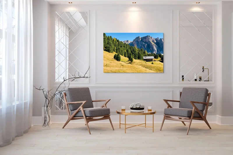 Tablou Canvas, "Cabana liniștită la poalele muntelui", Pădure, Cabana, Munți, Cer, Peisaj, Natură, Dealuri, Verdeață, Liniște, Împăcare, 150 x 100 cm – poza 7