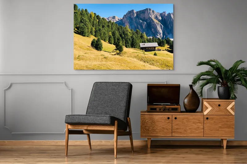 Tablou Canvas, "Cabana liniștită la poalele muntelui", Pădure, Cabana, Munți, Cer, Peisaj, Natură, Dealuri, Verdeață, Liniște, Împăcare, 150 x 100 cm – poza 8