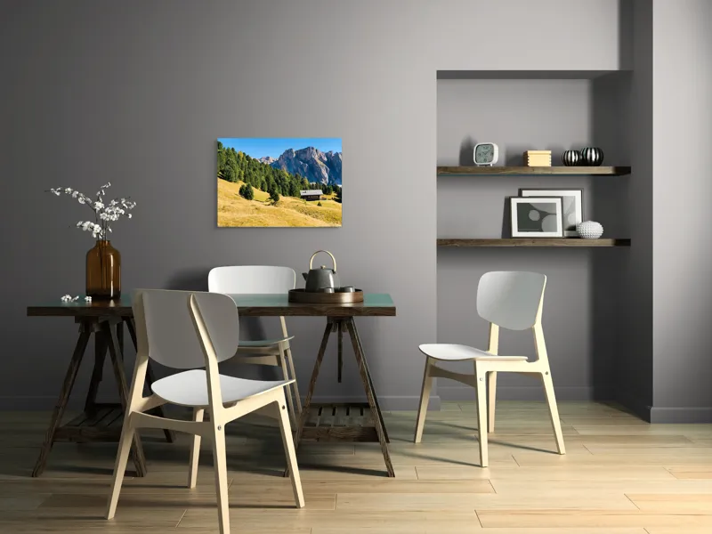 Tablou Canvas, "Cabana liniștită la poalele muntelui", Pădure, Cabana, Munți, Cer, Peisaj, Natură, Dealuri, Verdeață, Liniște, Împăcare, 70 x 50 cm – poza 5