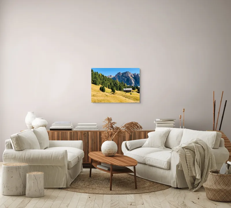 Tablou Canvas, "Cabana liniștită la poalele muntelui", Pădure, Cabana, Munți, Cer, Peisaj, Natură, Dealuri, Verdeață, Liniște, Împăcare, 70 x 50 cm – poza 6