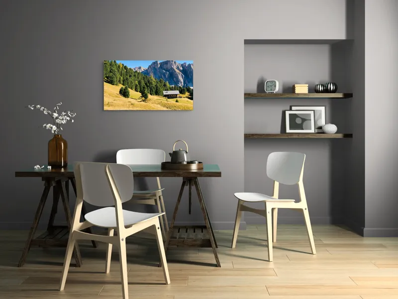 Tablou Canvas, "Cabana liniștită la poalele muntelui", Pădure, Cabana, Munți, Cer, Peisaj, Natură, Dealuri, Verdeață, Liniște, Împăcare, 90 x 50 cm – poza 3