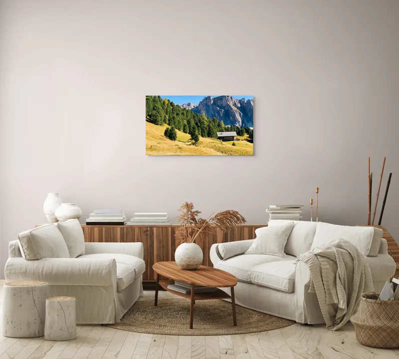 Tablou Canvas, "Cabana liniștită la poalele muntelui", Pădure, Cabana, Munți, Cer, Peisaj, Natură, Dealuri, Verdeață, Liniște, Împăcare, 90 x 50 cm – poza 4