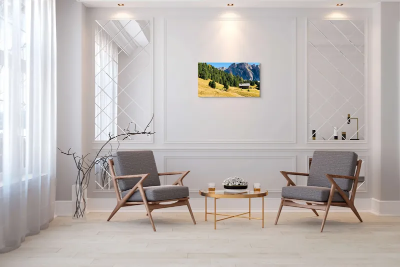 Tablou Canvas, "Cabana liniștită la poalele muntelui", Pădure, Cabana, Munți, Cer, Peisaj, Natură, Dealuri, Verdeață, Liniște, Împăcare, 90 x 50 cm – poza 7