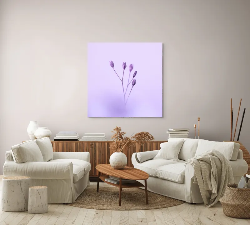 Tablou Canvas, "Dansul delicat al florilor mov", Plante, Subtil, Delicat, Pastel, Liniște, Minimalism, Fragilitate, Natură, 100 x 100 cm – poza 3