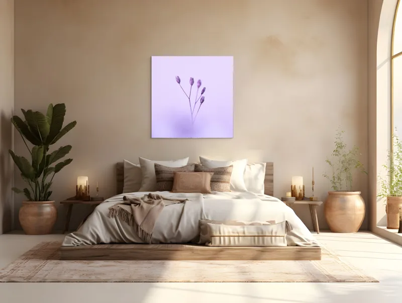Tablou Canvas, "Dansul delicat al florilor mov", Plante, Subtil, Delicat, Pastel, Liniște, Minimalism, Fragilitate, Natură, 100 x 100 cm – poza 4
